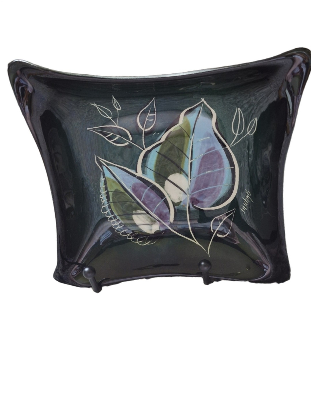 Hand-Painted MCM Abstract Leaf Trinket (Ash Tray ) - Black with Teal and Purple
